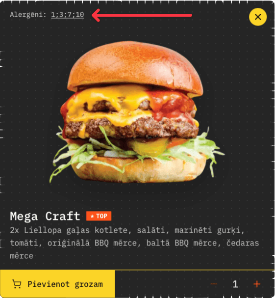 Product card with allergen code indicator